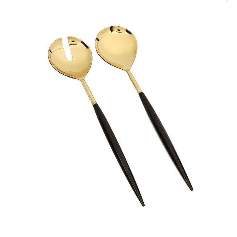 Classic Touch Set of 2 Shiny Gold Salad Servers with Neat Black Handles, 2 of 3