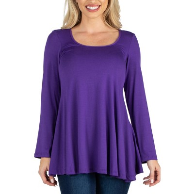 24seven Comfort Apparel Womens Long Sleeve Solid Color Swing Style Flared Tunic Top
