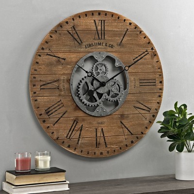 Shiplap Gears Farmhouse Wall Clock Brown - FirsTime