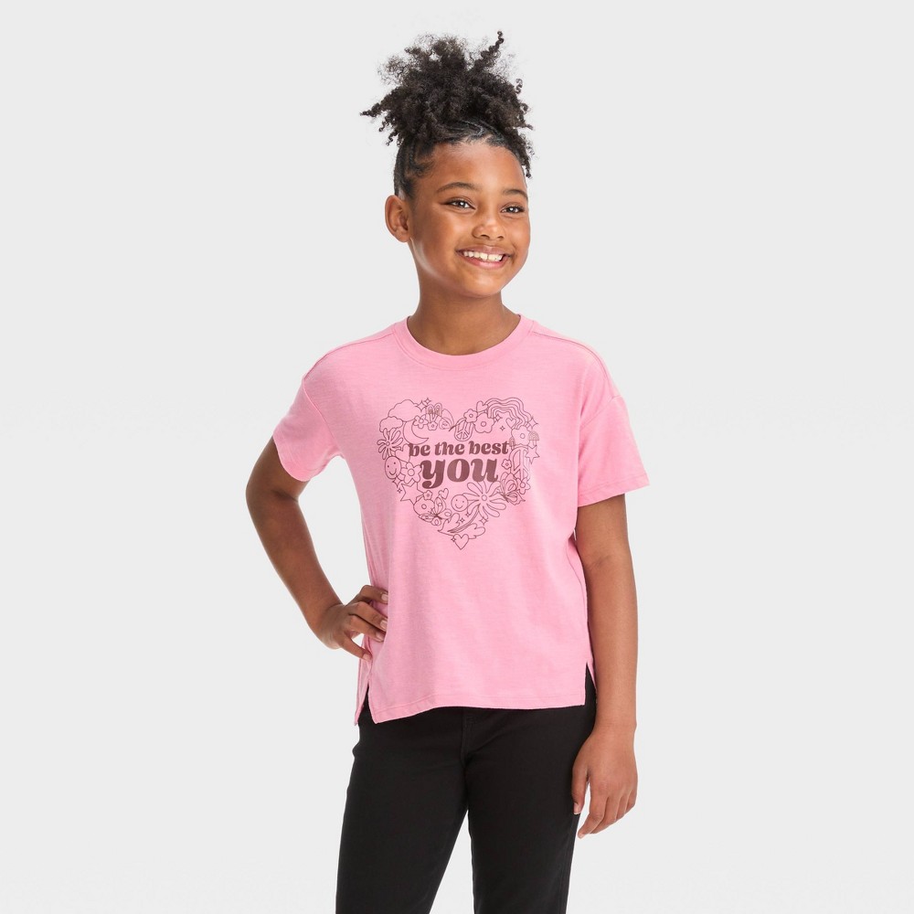 ( Case pack of 12 ) Size small (6/7) Girls' Short Sleeve 'Be The Best You' Graphic T-Shirt - Cat & Jack™ Dusty Pink 