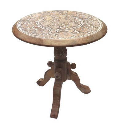 Intricately Carved Round Top Mango Wood Side End Table with Pedestal Base Brown/White - The Urban Port