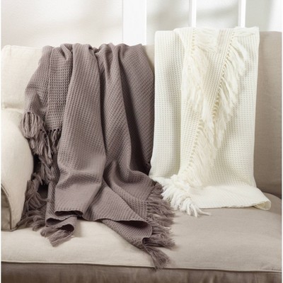 Classic Off-White Waffle Weave Tassel Trim Throw, 50"x60"