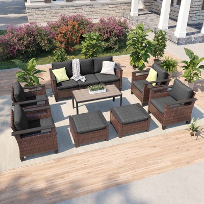 Sonkuki 8 Pieces Patio Sofa & Ottomans & Chair & Coffee Table Set, Conversation Couch with Cushion