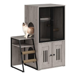 GustoWave Cat Litter Box Enclosure Furniture, 2 in 1 Hidden Double Cabinet Enclosed Litter Box with Ladder Wooden Cat Furniture - 1 of 4