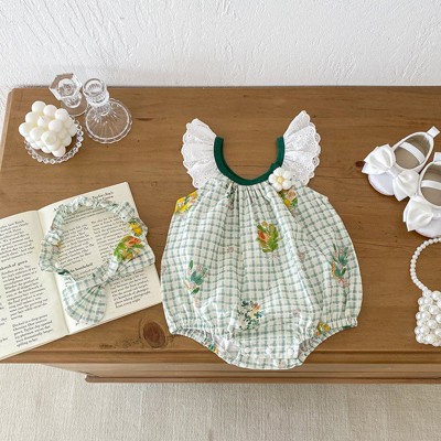 MyKids-USA Summer Girls Plaid And Flowers Pattern Sleeveless Hollow Out Lace Strap Onesies
