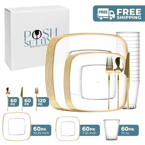 Posh Setting 420 Piece Clear And Gold Plastic Party Bundle - Classic Square (60 Settings) - 1 of 4