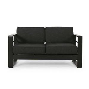 Christopher Knight Home Maya Bay Aluminum Outdoor Patio Loveseat with Cushions Black/Dark Gray - 1 of 4