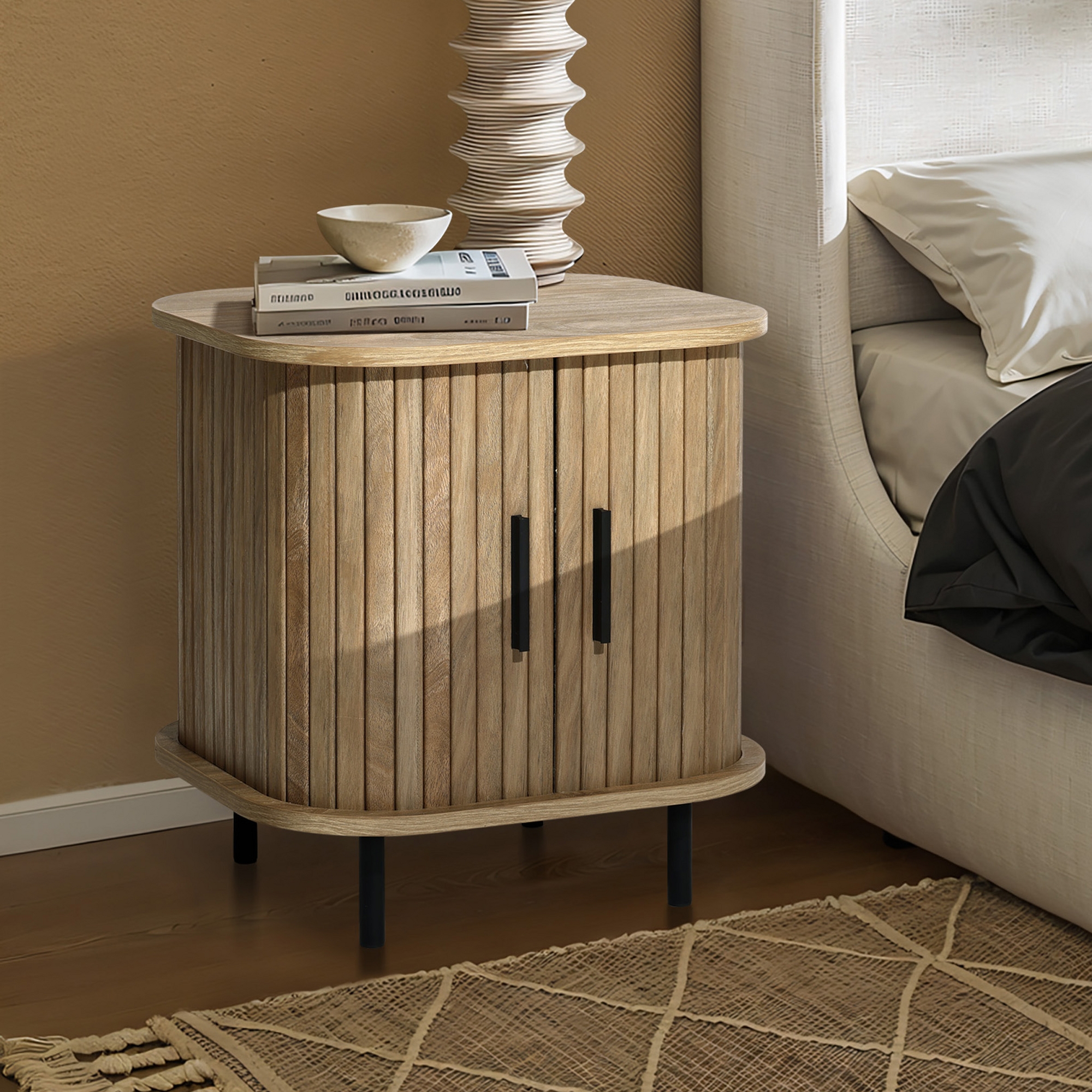 LuxenHome Mid Century Modern Nightstand with Sliding Door, 17.7" Fluted Bedside Table, Small End Table for Bedroom Brown