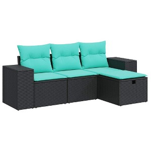 vidaXL 4 Piece Black Patio Sofa Set with Storage/Blue Cushions - Outdoor Garden Furniture in pe Rattan and Steel Frame for Backyard, Terrace or Patio - 1 of 4