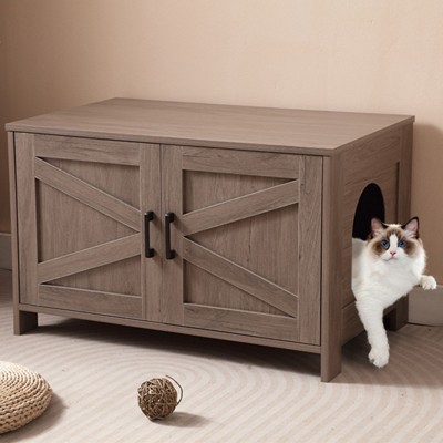 TIRAMISUBEST Cat Litter Box Enclosure Hidden Barn Door Wooden Washroom End Table Greige Multi-Function Waterproof Surface Easy Install