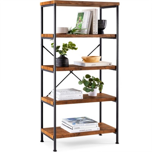 Fabulaxe Industrial 5 Shelf Wood And Metal Etagere Rustic Bookcase Free  Standing Bookshelf : Target