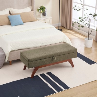Zeus & Ruta Teddy Wool Fabric Bed End Stool with Solid Wood Feet and Storage Function