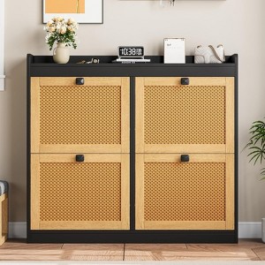 Shoe Storage Cabinet with 4 Flip Drawers, Wood Shoe Cabinet with Rattan Doors & Adjustable Shelves, Freestanding Shoe Organizer for Entryway, Hallway - 1 of 4