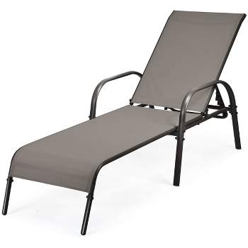 Tangkula Outdoor Chaise Lounge Chair Adjustable Reclining Bed with Backrest& Armrest Brown