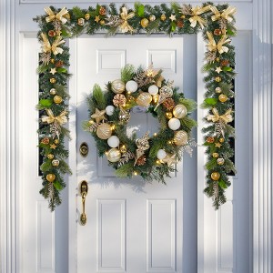6ft Battery-Powered Pre-Lit Christmas Garland – Gold Balls, Bows & Pine Cones | Outdoor Decor for Mantle, Fireplace & Stairs - 1 of 4