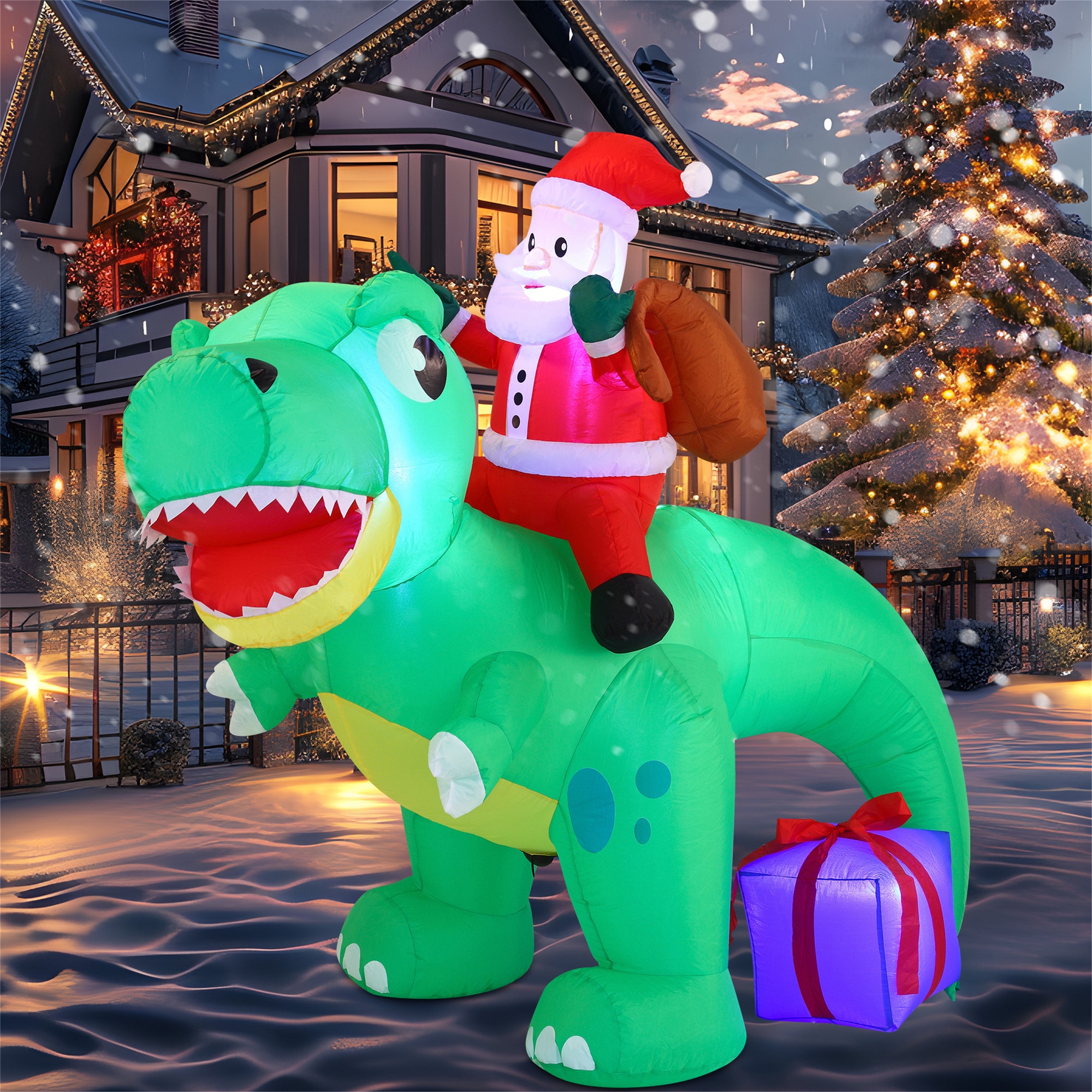 Joyfy 6 FT Christmas Inflatable Outdoor Decoration, Dinosaur with Santa Inflatable with Built-in LEDs for Xmas Party Indoor Outdoor Yard Garden Décor