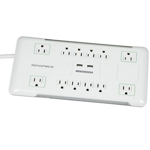 Monoprice Power & Surge - 12 Outlet Surge Protector Power Strip With 2 Built In 2.1A USB Charger Ports - 6 Feet - White | Cord UL Rated, 3,420 Joules - image 1 of 4