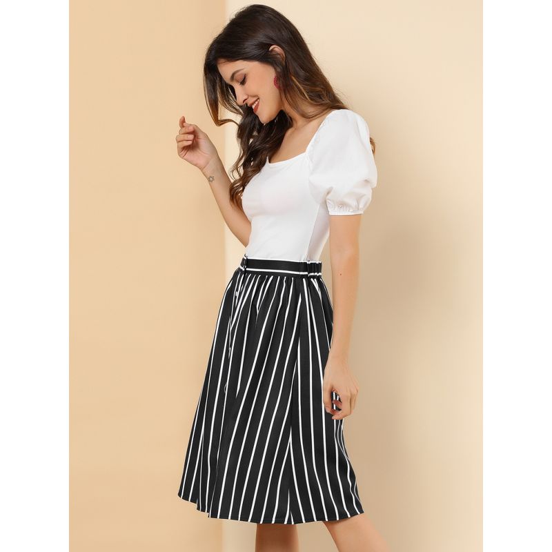 Allegra K Women's Stripes Button Front Elastic Back A-Line Midi Skirt, 5 of 8