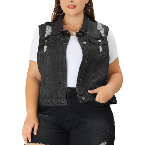 Agnes Orinda Women's Plus Size Classic Washed Front Frayed Denim Jacket  Valentin