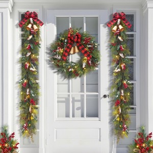 6FT Pre-Lit Christmas Garland with 20 LED Lights, Battery Operated Xmas Decor with Pine Cones, Berries & Bells for Mantle Staircase Outdoor - 1 of 4