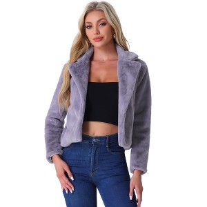 INSPIRE CHIC Women's Autumn Winter Cropped Notch Lapel Faux Fur Fluffy Jacket - 1 of 4