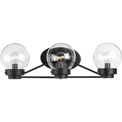 Progress Lighting, Spatial Collection, 3-Light Bath Vanity, Matte Black, Clear Globe Shades