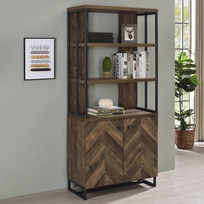 70.75" Rustic Oak Herringbone 2-Door Bookcase with Shelves