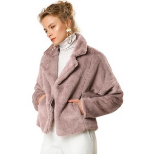 Allegra K Women's Cropped Notch Lapel Open Front Faux Fur Fluffy Coat - 1 of 4