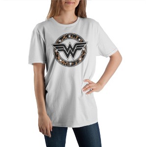 Women's Wonder Woman Superhero Leopard Print White Graphic Tee - 1 of 1