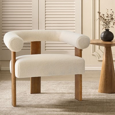 Beige Boucle Accent Chairs Set Of 2 Sale Occasional Chairs Modern Single Sofa Chair With Curved Back,Comfy Upholstered Study Chair-Cuddlewood