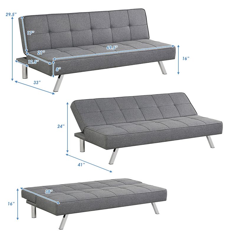 Costway Convertible Futon Sofa Bed Adjustable Sleeper with Stainless Steel Legs, 2 of 11