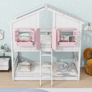 MAYEERTY Twin House Bunk Bed with Roof Window Window Box Door with Safety Guardrails and Ladder Pink White - 1 of 4