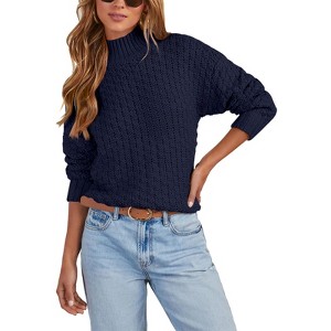 Women's Long Sleeve Waffle Knit Sweater Crew Neck Solid Color Pullover Crewneck Sweaters - 1 of 2