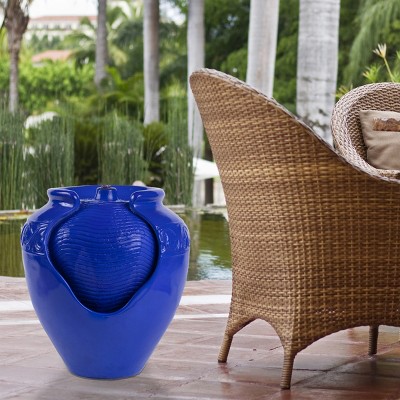 Cobalt Blue Ceramic Jar Outdoor Water Fountain with LED Lights