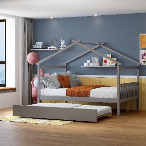 CAVINAS Twin Size Bed Frame, Wooden House Bed with Pull-Out Trundle, House-Shaped Bed for Kids, Teens, Girls, Boys - 1 of 4