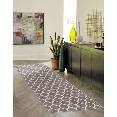 Dark Gray and Beige Trellis Pattern Washable Runner Rug