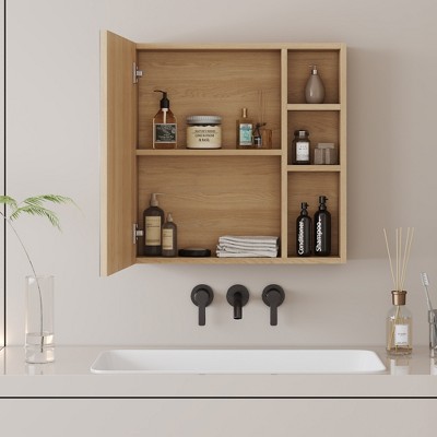 FURNIinspire Bathroom Vanity Mirrors Modern MDF Wall Mounted Cabinet with Mirror and Storage for Bathroom or Entryway, Brown, 21.7"*5"*22"