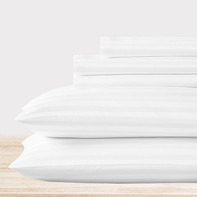 California King Bright White Cotton Damask Stripe Sheet Set