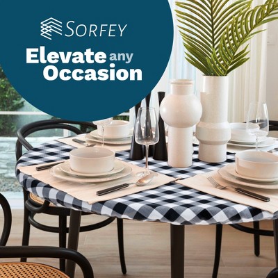 Green Checkered Vinyl Round Fitted Tablecloth with Elastic