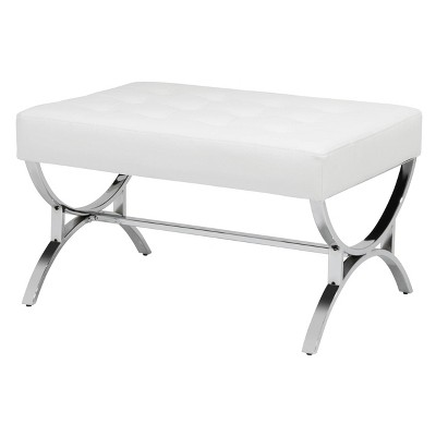 White Tufted Bonded Leather Ottoman with Chrome Frame