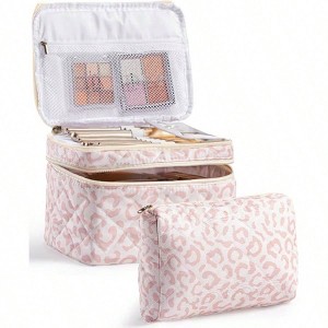 Large Quilted Cotton Cosmetic Bag Set (2Pcs) – Women Girls Travel Makeup Pouch - 1 of 4