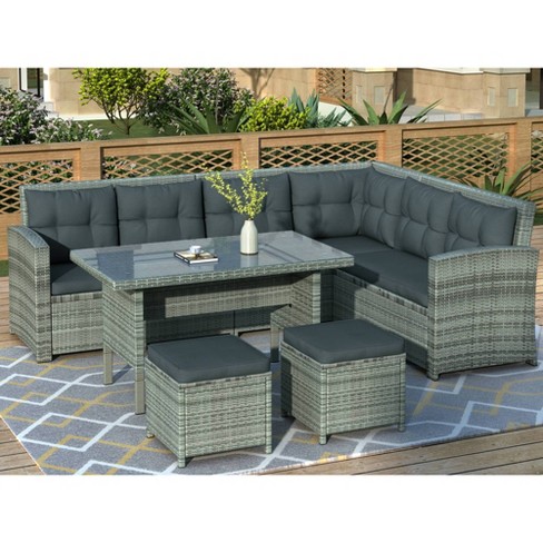 6pc Wicker Patio Set With Glass Table Ottomans Gray dark Gray