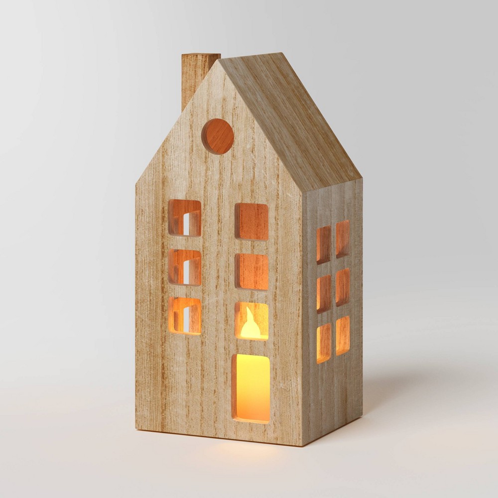 7" Lit Wood House with Round Window Christmas Village Building - Wondershop™ Brown