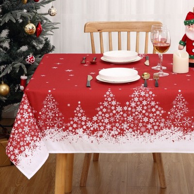 Christmas Tablecloth with Tree Decorations, Red Snowflake Washable Indoor Decorative Table Cover for Festive Party Picnic Dinner Decor