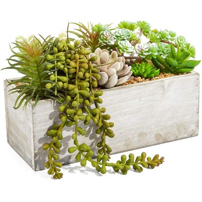 Juvale Artificial Mixed Succulent Fake Cactus Plants in Rectangular Wooden Planter Box 9 x 4 in.