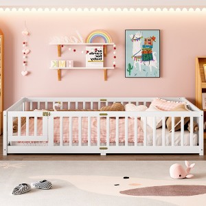 BABYYER Twin Size Kids Bed Frame with Safety Guardrails, Solid Wood Floor Bed with Door, Montessori Bed for Bedroom, Perfect for Boys & Girls - 1 of 4