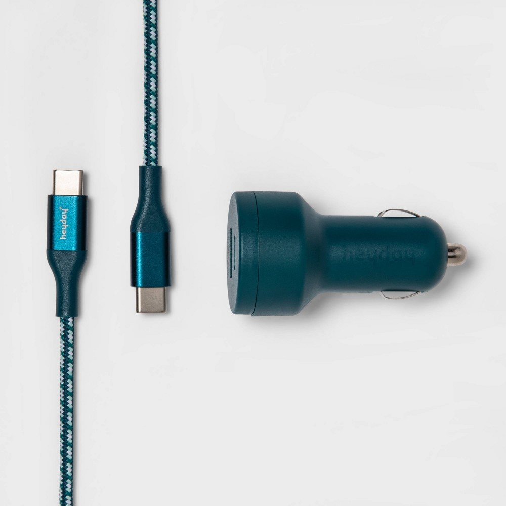 heyday USB Car Charger with 6' USB-C to USB-C Braided Cable - Matte Ocean Teal