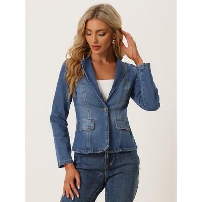 INSPIRE CHIC Women's Denim Lapel Collar Long Sleeve One Button Work Jacket X-Small Deep Blue — фото 2