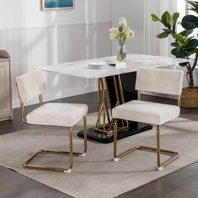 A&A Furniture,Modern Dining Chairs with Corduroy Fabric,Gold Metal Base, Accent Armless Kitchen Chairs with Channel Tufting, , Set of 2, Beige