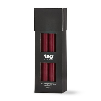 TAG Color Studio 10" Straight Taper Unscented Smokeless Paraffin Wax Candle Wine, Burn Time 10 hrs. Set 12